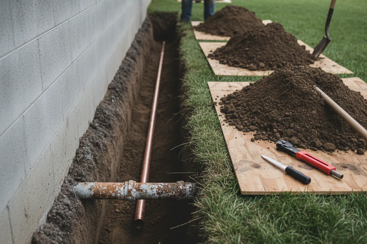 Excavated water line trench during Water Softener Installation in Battiest